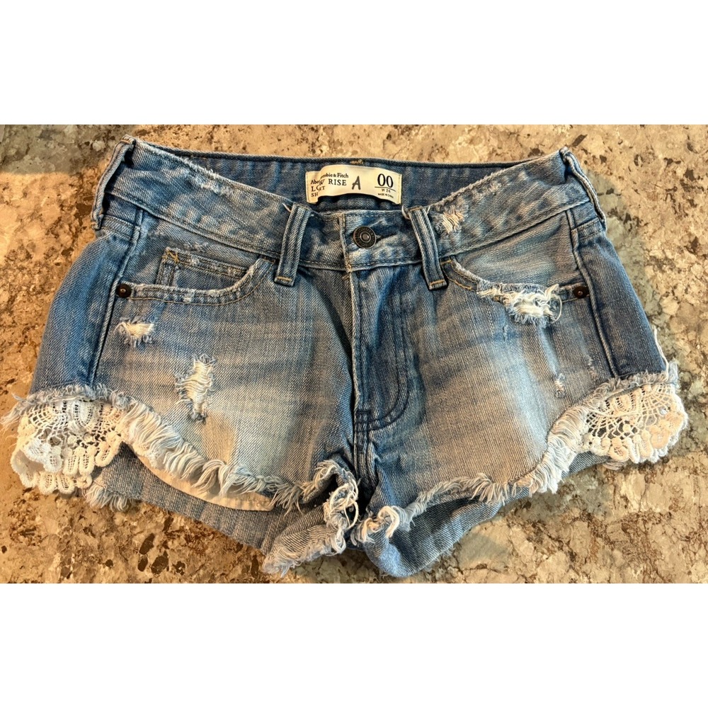 VINTAGE Y2K Abercrombie Low-Rise Distressed Crochet Light Denim‎ Shorts Sz 00/24